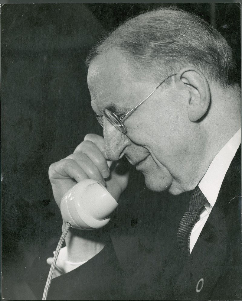 Official press photograph of President de Valera on the telephone to mark  his 77th birthday.] - UCD Digital Library