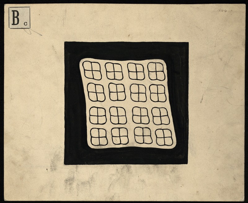 Pen and ink illustration depicting a grid of 4 x 4 squares, each square ...